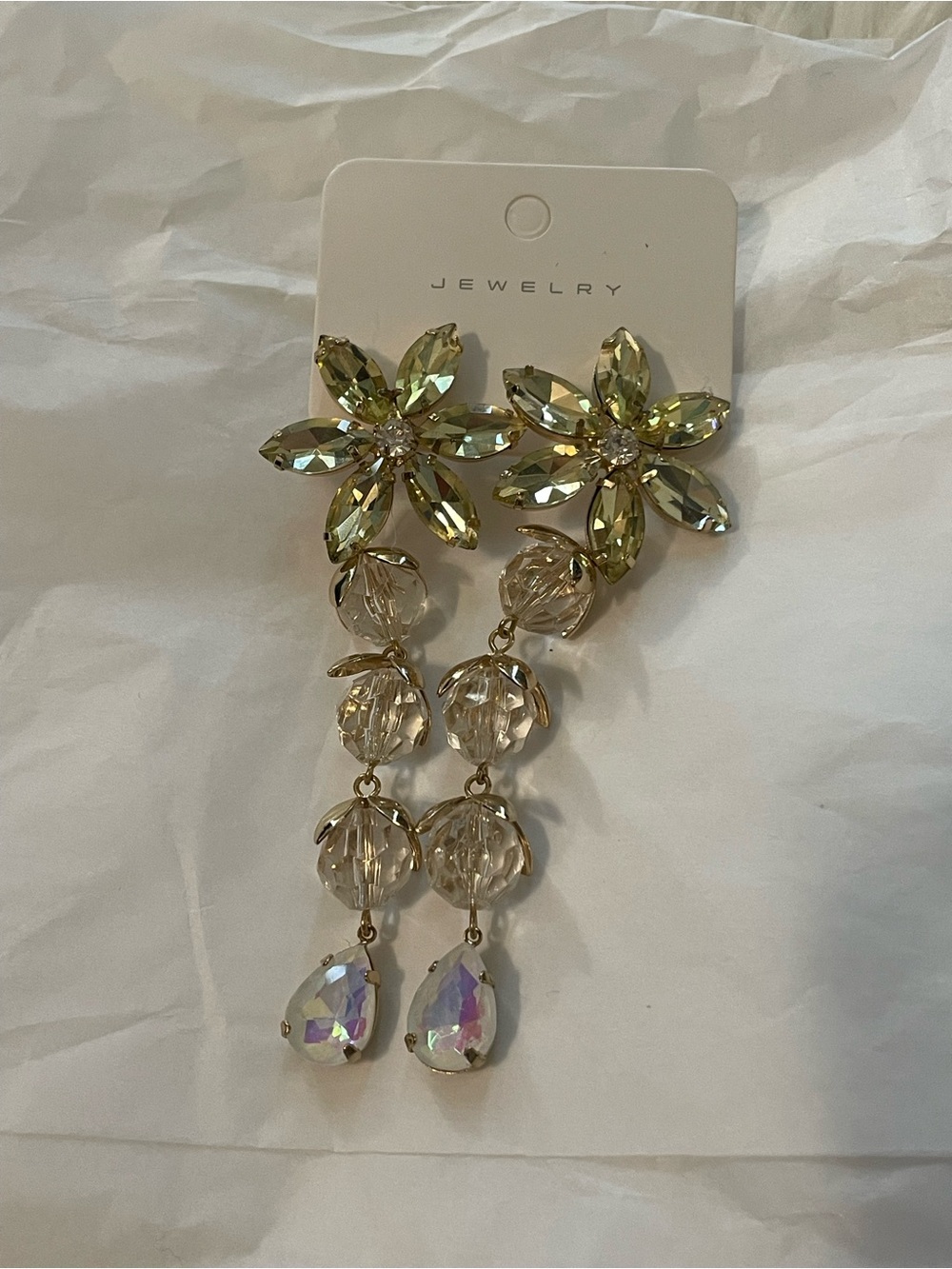 Flower Droplet Earrings - Gold and Iridescent Crystal